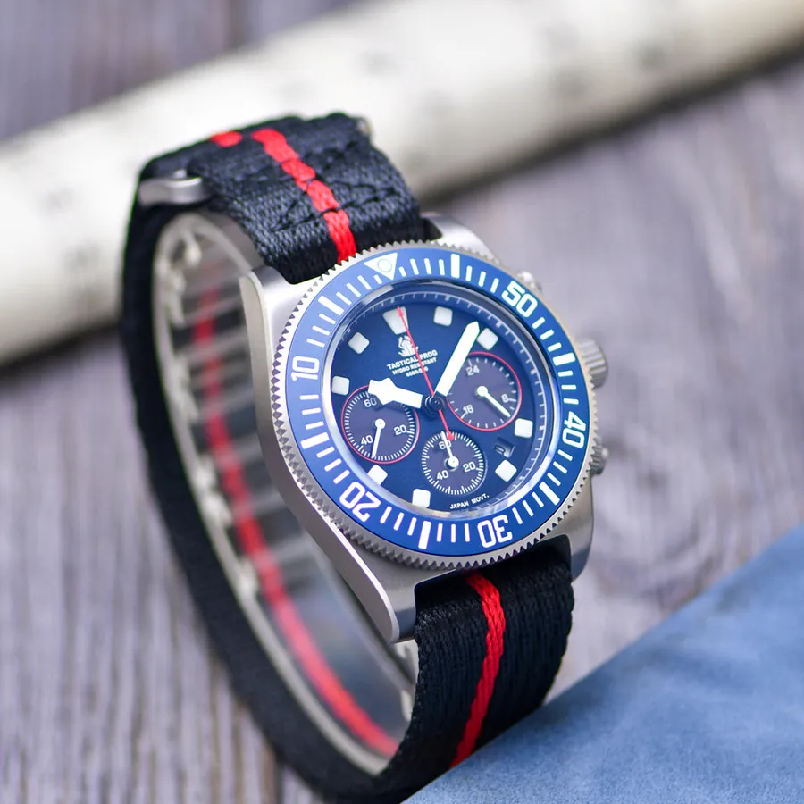 Tactical Frog Titanium FX-Diving Chronograph with blue dial and blue bezel on black and red nylon strap