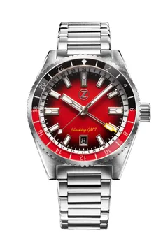 Zelos Blacktip 200m GMT Crimson Red, red sandblasted dial and black and red 24-hour sapphire bezel, on steel bracelet