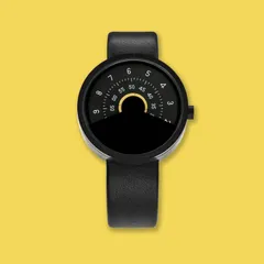 Anicorn Series 000 Black & Yellow: concentric hour, minute and seconds discs on a black leather strap
