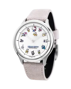 Undone Hello Kitty 50th Party Party with polished steel case and white dial of Sanrio characters on a light grey strap