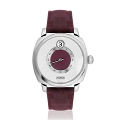 Fears Brunswick 40.5 Jump Hour Barleycorn Plum with barleycorn silver dial and plum centre on a plum Alcantara strap