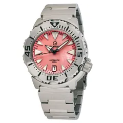 Islander ISL-142 dive watch with coral mother-of-pearl dial, date at 6 and steel Monster-style bezel on steel bracelet
