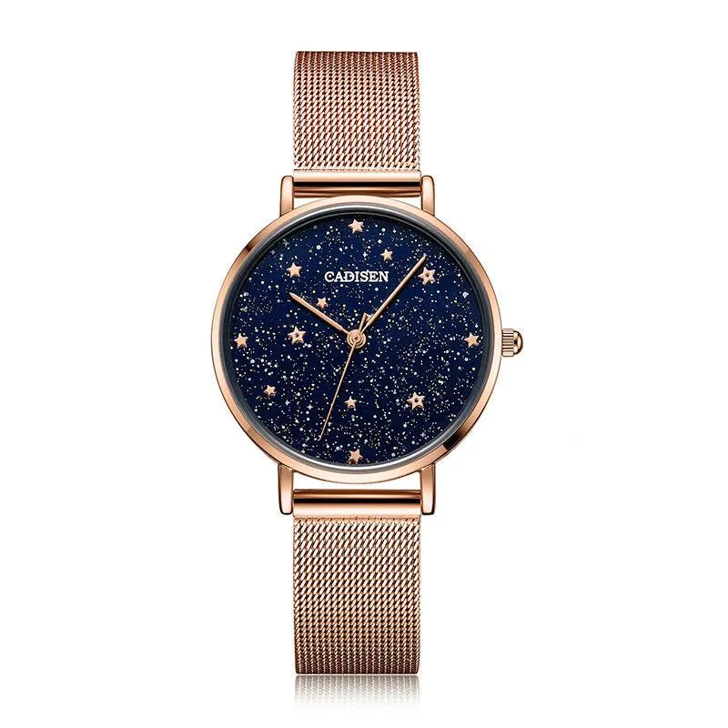 Cadisen C2040 with dark blue glittering dial and star-shaped markers in a rose gold-tone case on a mesh bracelet
