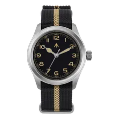 Militado ML08 (VH31) Vintage Black with gilt numerals and snake hands on black nylon strap with a khaki stripe