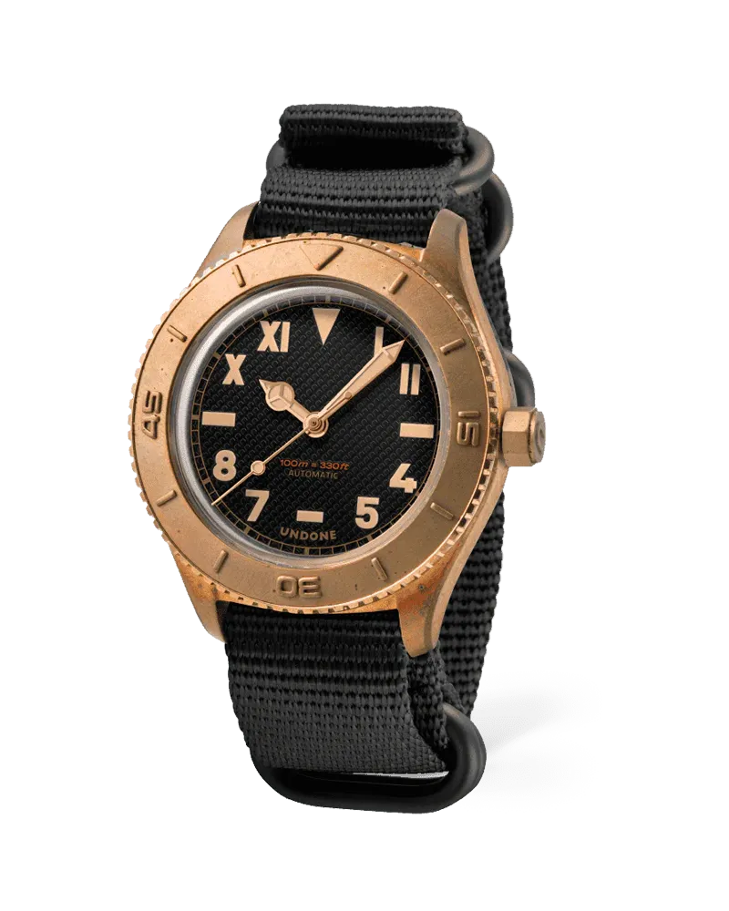 Undone Basecamp Cali Bronze with bronze case and black California dial on a black nylon strap
