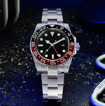 San Martin SN016-G GMT with red and black bezel and black dial on three-link bracelet