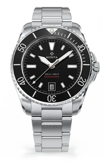 Monta Oceanking, black dial and black ceramic bezel, on bracelet