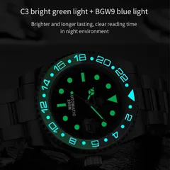 Addiesdive H3AC black/green two-tone in the dark, markers and hands glowing green and the 24-hour bezel numerals blue