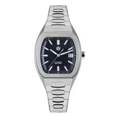 San Martin SN0145-G 39.5mm barrel-shaped case with dark blue aventurine dial, flat bar hands and date at 3 on bracelet