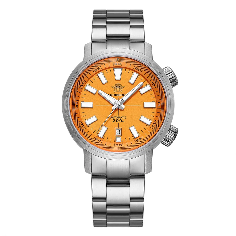 Addiesdive AD2093 with orange dial, inner rotating bezel and two crowns on a three-link steel bracelet