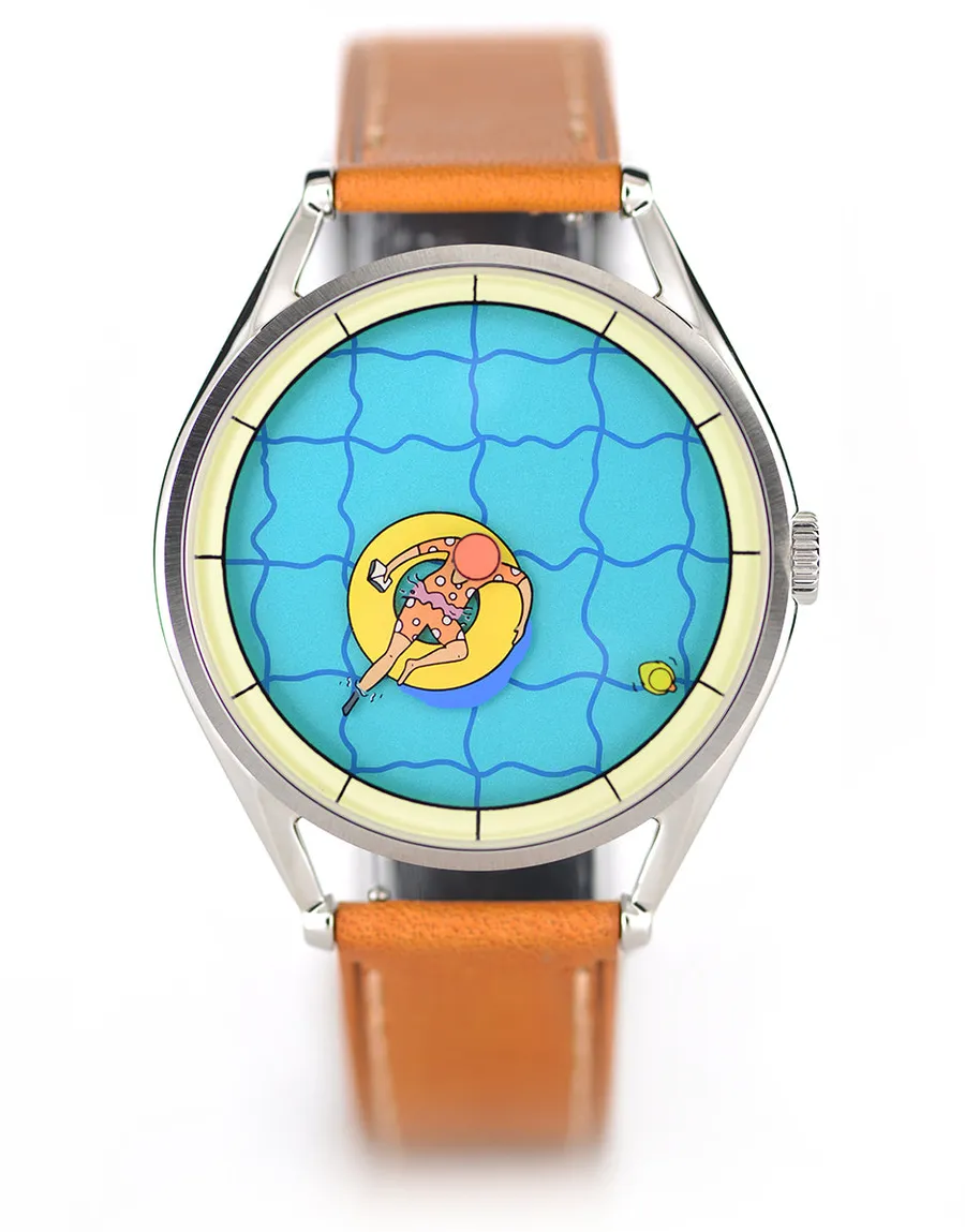 Mr Jones A Perfectly Useless Afternoon Mechanical, swimming-pool dial in the 40mm steel case on tan leather, front view
