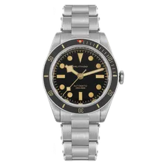 Militado ML06 with vintage matte black dial, gilt indices and black bezel on steel bracelet