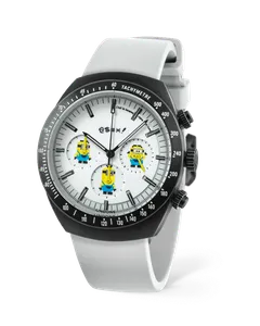 Undone x Minion 8-bit Speedster chronograph with black-coated case, black tachymeter bezel and white dial with pixel Minions on a white rubber strap