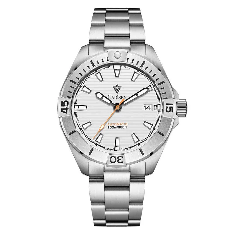 Cadisen C8218 Aquaracer-style diver with white horizontally lined dial, faceted steel bezel and date at 3 on a steel bracelet