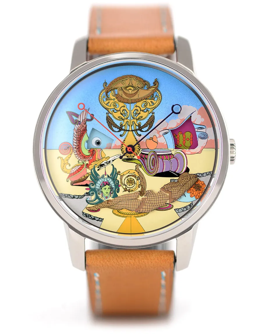 Mr Jones The Indefatigable Sphinx, surreal desert landscape with a winged sphinx and an hour window at 3 o'clock, steel case on tan leather, front view