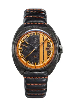 Zelos GT 40mm Carbon Supernova, forged carbon case and dial with orange racing stripes, on black leather strap with orange stitching