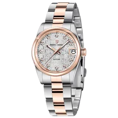 Pagani Design PD-1794L with silver monogram-textured dial, polished rose-gold-tone bezel and two-tone Oyster-style bracelet