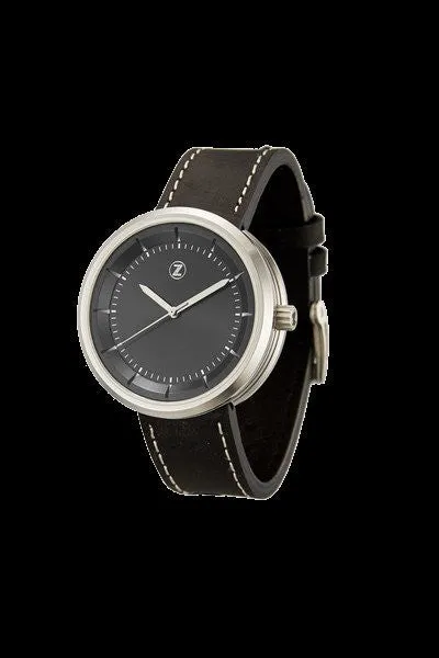 Zelos Chroma in steel, black sunburst dial, lugless case, on black leather strap