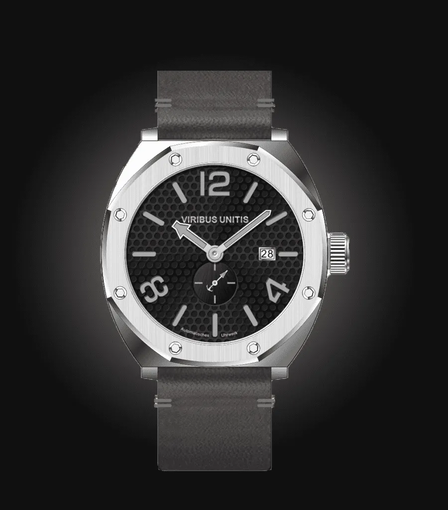 Viribus Unitis IR14, polished steel case, matte black dial, on black leather strap