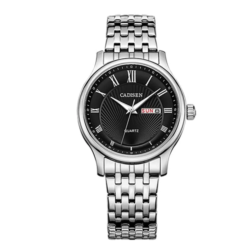 Cadisen C6128 quartz day-date with black dial and Roman numerals on a steel bracelet