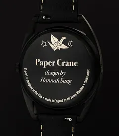 Mr Jones Paper Crane caseback engraved with a paper crane, the title and the designer's name