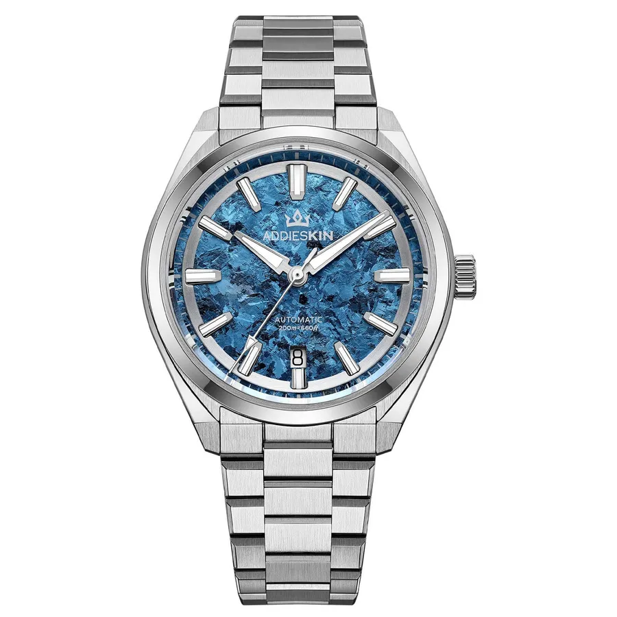 AddiesKIN K006 with light blue crystallized titanium dial on a three-link steel bracelet