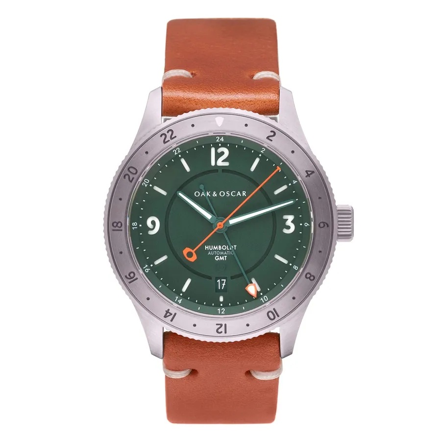 Oak & Oscar Humboldt GMT Titanium, green sandwich dial and titanium 24-hour bezel, on brown Horween leather strap