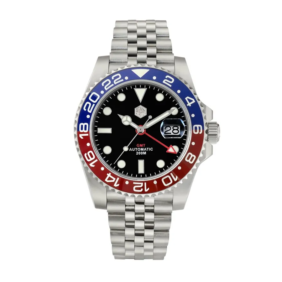 San Martin SN015-G GMT with red and blue bezel, black enamel dial and cyclops date on jubilee bracelet