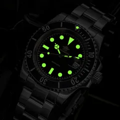 Addiesdive AD2054 black version in the dark, showing green lume on hands, markers and bezel pip