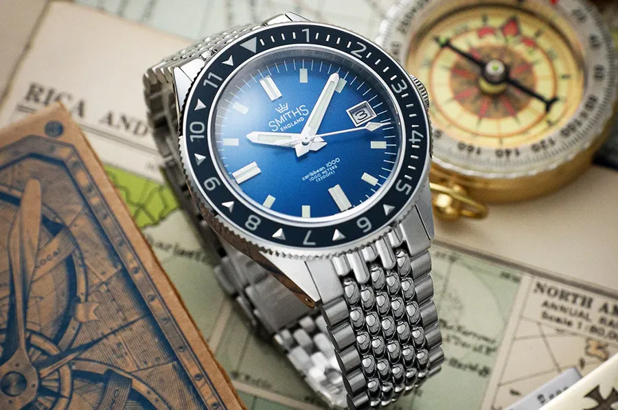 Timefactors Smiths Caribbean 1000 PRS-55, blue sunburst dial with blue enamelled bezel and date at 3, on beads-of-rice bracelet