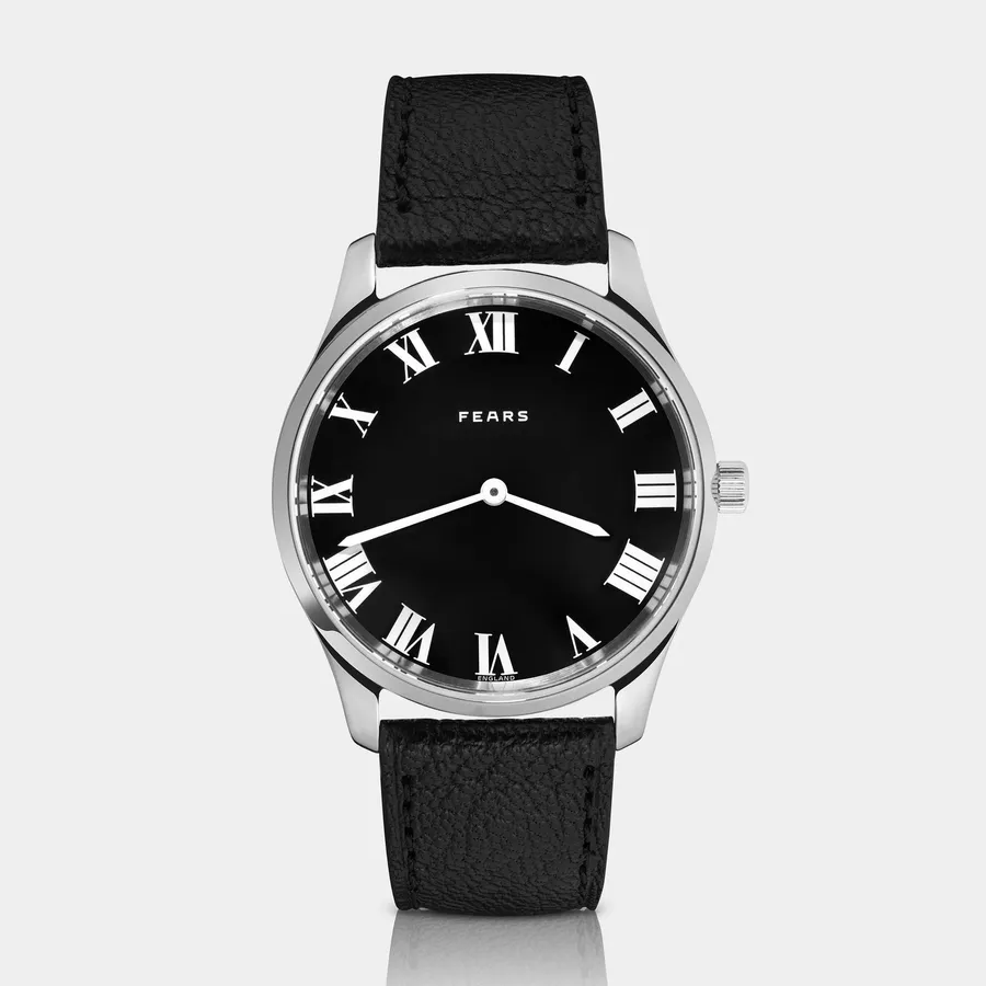 Fears Redcliff Edwin Edition with glossy black lacquer dial, white Roman numerals and white sword hands on a black leather strap