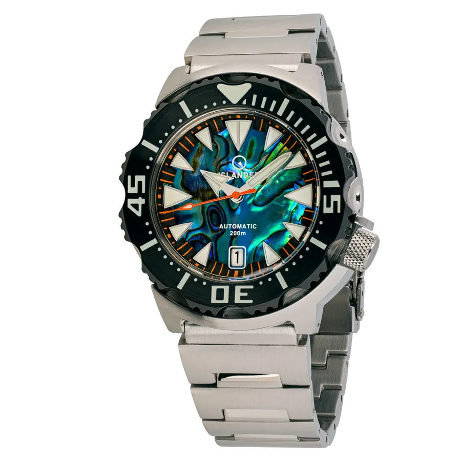 Islander ISL-141 dive watch with abalone dial, date at 6 and black DLC Monster-style bezel on steel bracelet