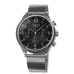 Tusenö First 42, silver case, black dial, on mesh bracelet