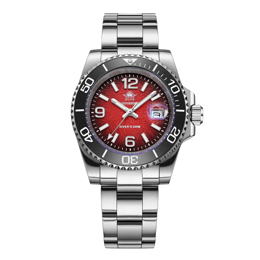Addiesdive AD2513 "Lava Red" with textured red dial, Arabic 12-6-9, cyclops date and black bezel on a three-link steel bracelet