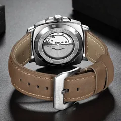 Cadisen C8199 display caseback and pin buckle on the brown leather strap