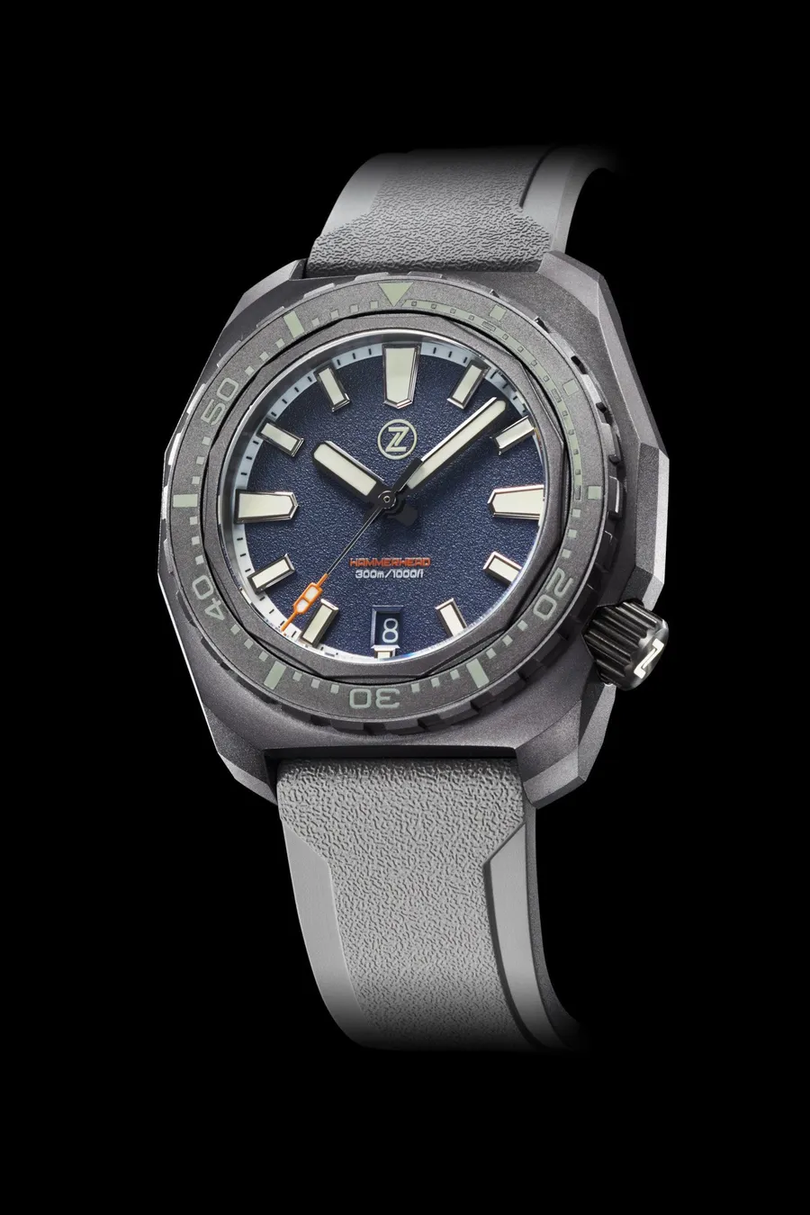 Zelos Hammerhead V3 300m in tantalum, matte blue sand-textured dial, on grey rubber strap