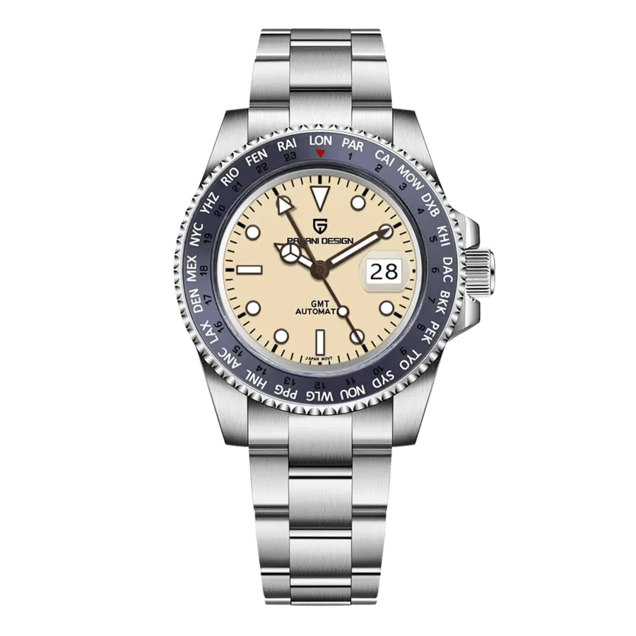 Pagani Design PD-1758 GMT with cream dial and blue 24-hour city bezel on steel Oyster-style bracelet