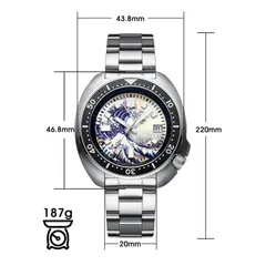 Addiesdive H8-Surf dimension graphic (43.8mm, 46.8mm lug-to-lug, 20mm, 220mm, 187g)