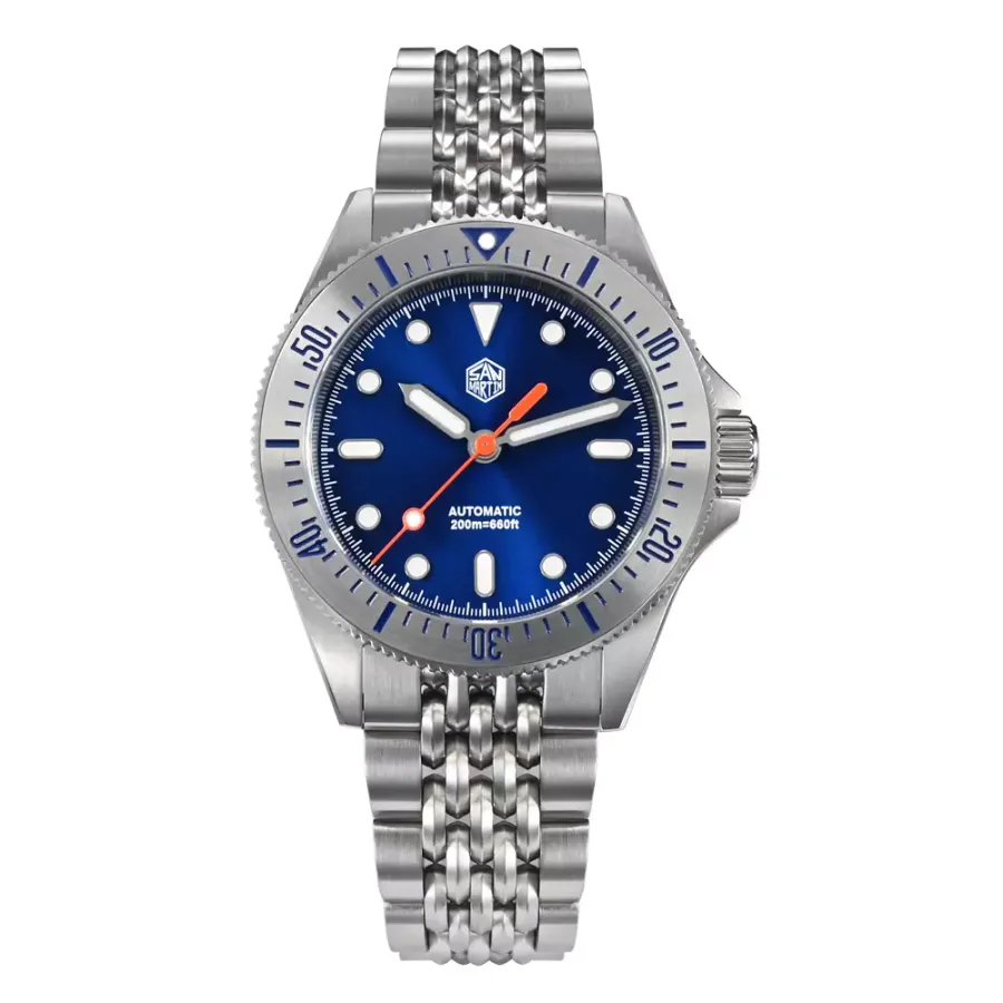 San Martin SN044-G-B 38.8mm diver with sunburst enamel blue dial, steel-tone bezel and seven-link bracelet