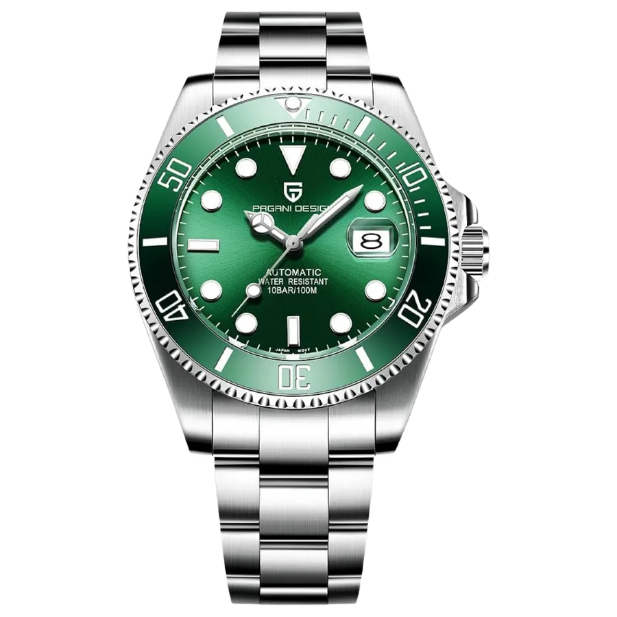 Pagani Design PD-1639 with green dial and green 60-minute bezel on steel Oyster-style bracelet