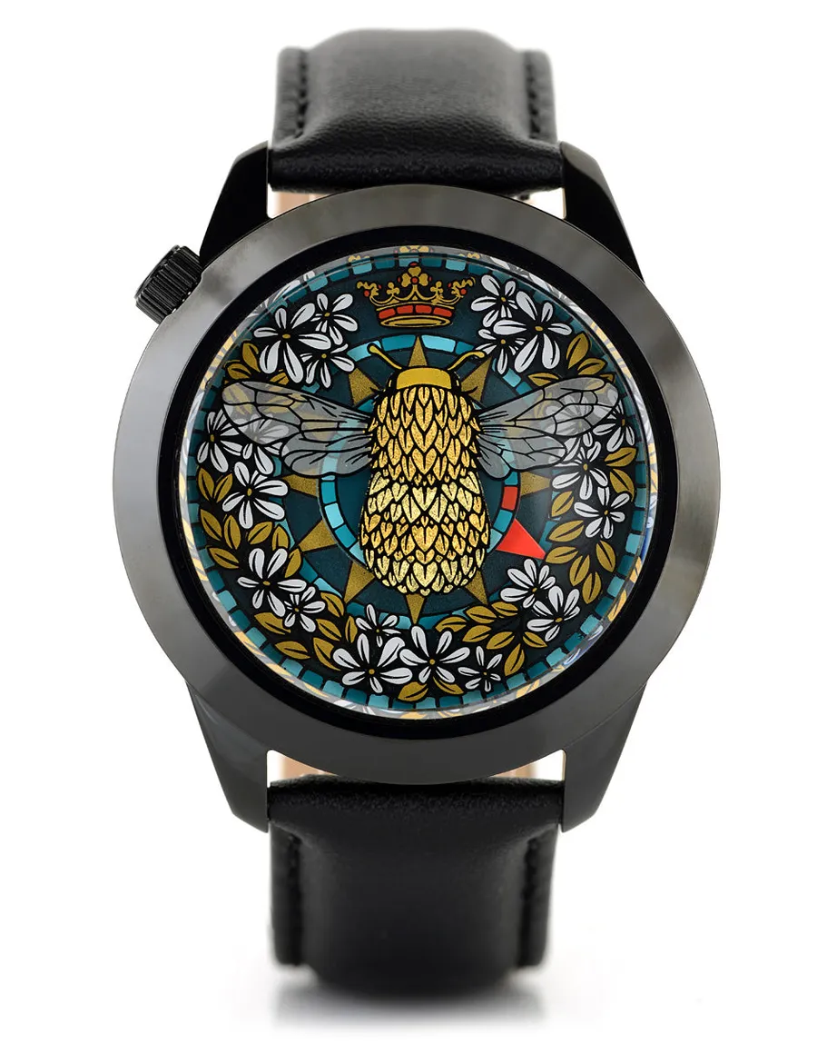 Mr Jones The Golden Hour Limited Edition, gilded bee over jasmine and a sundial, black 45mm case on black leather, front view
