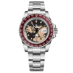 Pagani Design PD-1758 GMT with black world-map dial and burgundy bezel on steel Oyster-style bracelet