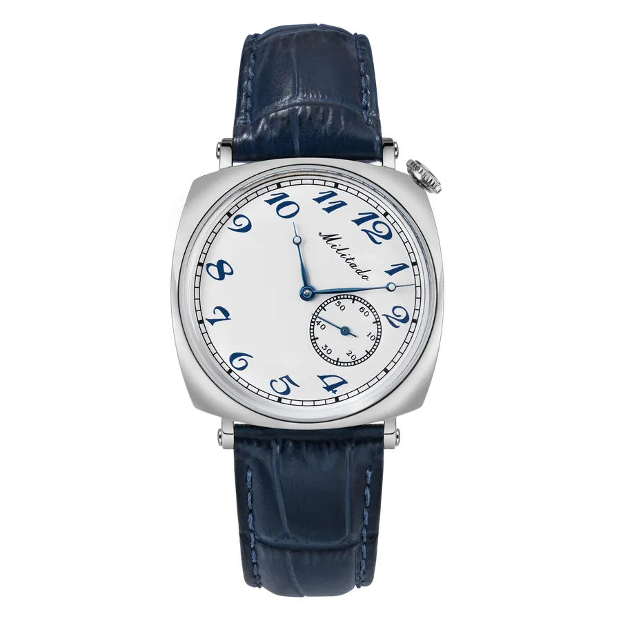 Militado ML11 with white dial and printed blue numerals on blue leather strap