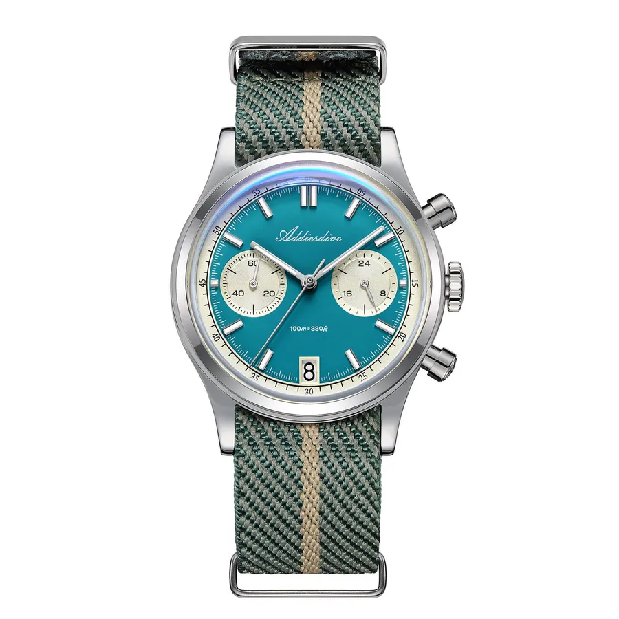 Addiesdive AD2542 chronograph with turquoise dial, cream sub-dials and date at 6 on a striped nylon strap