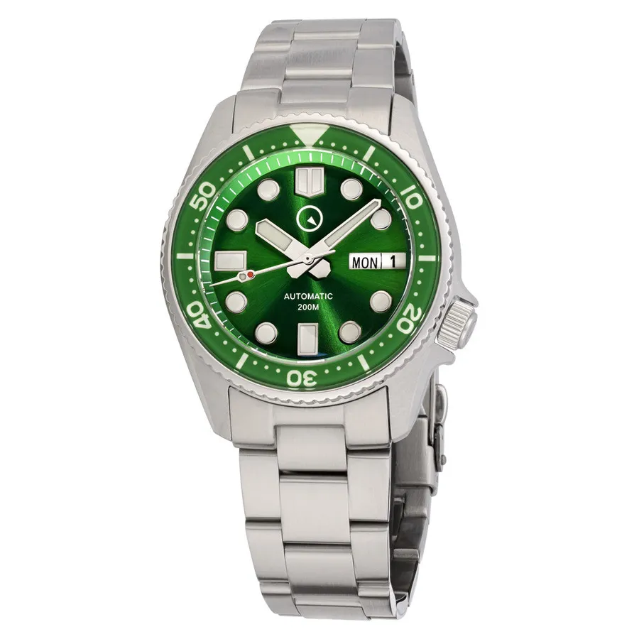 Islander 38mm Automatic Dive Watch ISL-21 with sunburst green dial, green sapphire bezel, day-date at 3 and crown at 4 on 3-link bracelet