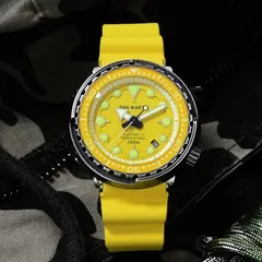 San Martin SN003G-CG with distressed black shroud, light yellow dial and yellow bezel insert on yellow rubber strap