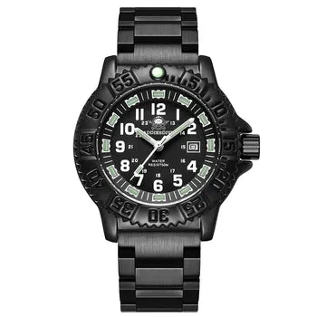 Addiesdive 050S with black case, black dial with luminous tubes and a notched 60-minute bezel on the black steel bracelet