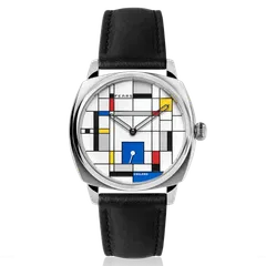 Fears Brunswick 38 De Stijl Edition with white lacquer dial and multicolour printing on a black leather strap
