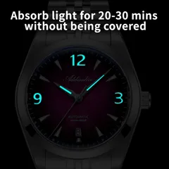 Addiesdive AD2560 lume shot of the purple dial, with blue-glowing hands and numerals