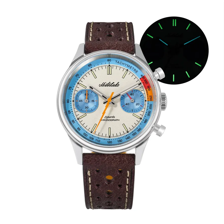 Militado ML23 chronograph with cream with light blue subdials and tachymeter track dial on brown leather strap